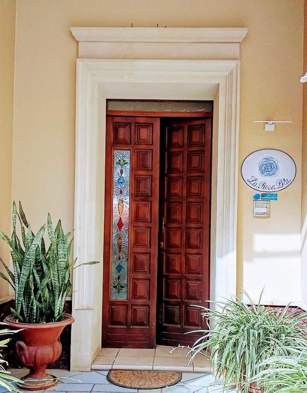 a wooden door with a plant in front of it at La Rosa Blu in Copertino