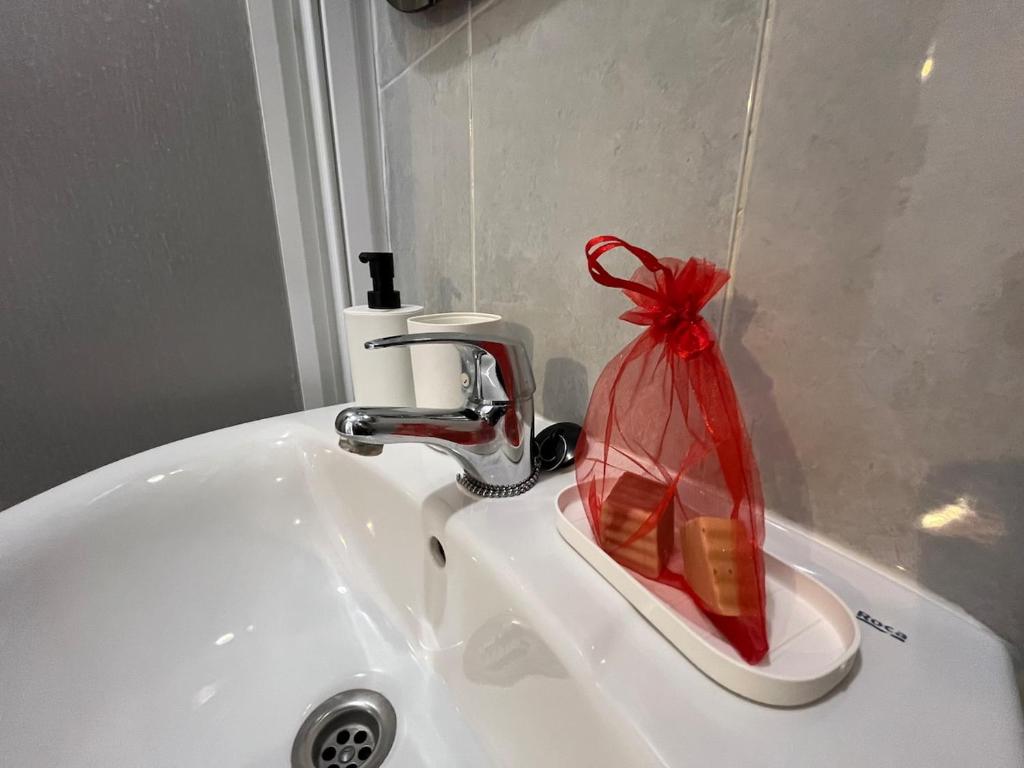 a bathroom sink with a soap dispenser with a red ribbon at Casa Berri in Vejer de la Frontera