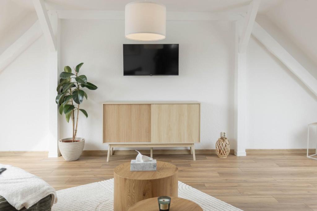 a living room with a flat screen tv on a wall at gemütliches Stadtloft in Dessau in Dessau