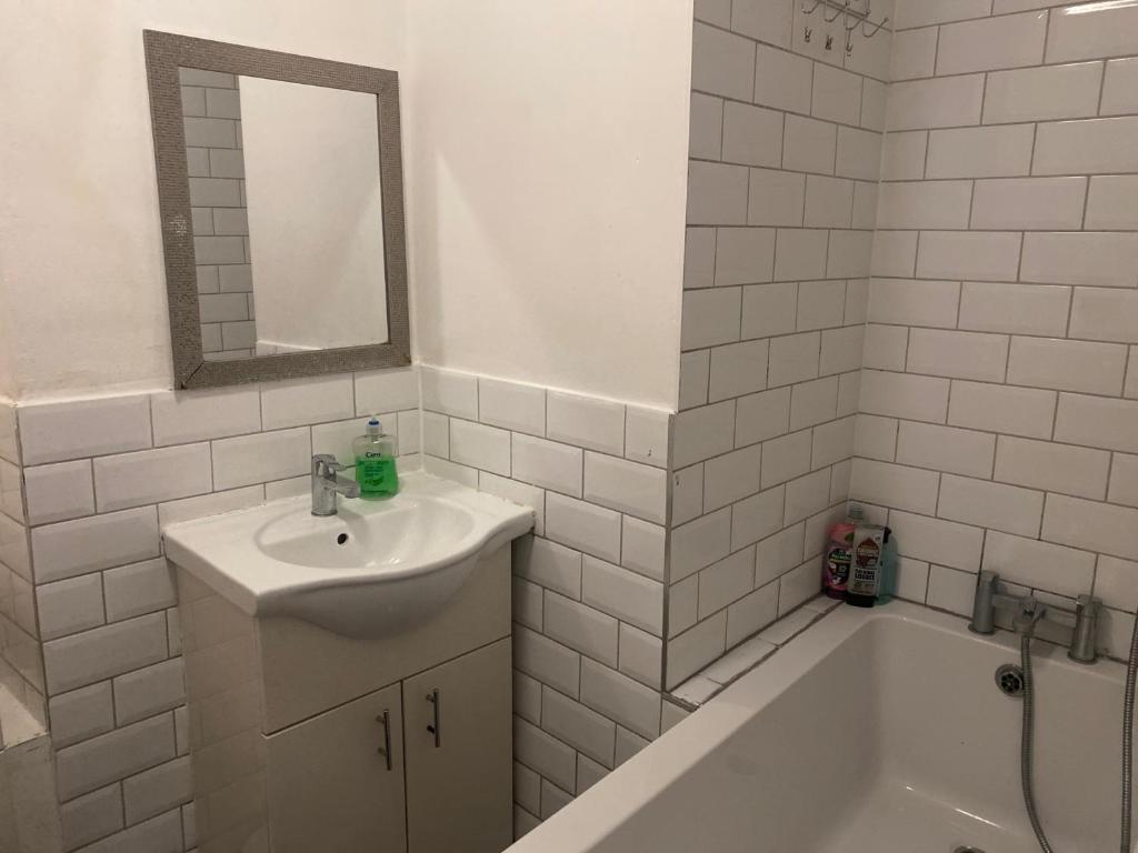 伦敦3 Bed Flat - Sleeps 6 - Parking - Wifi的带水槽、浴缸和镜子的浴室