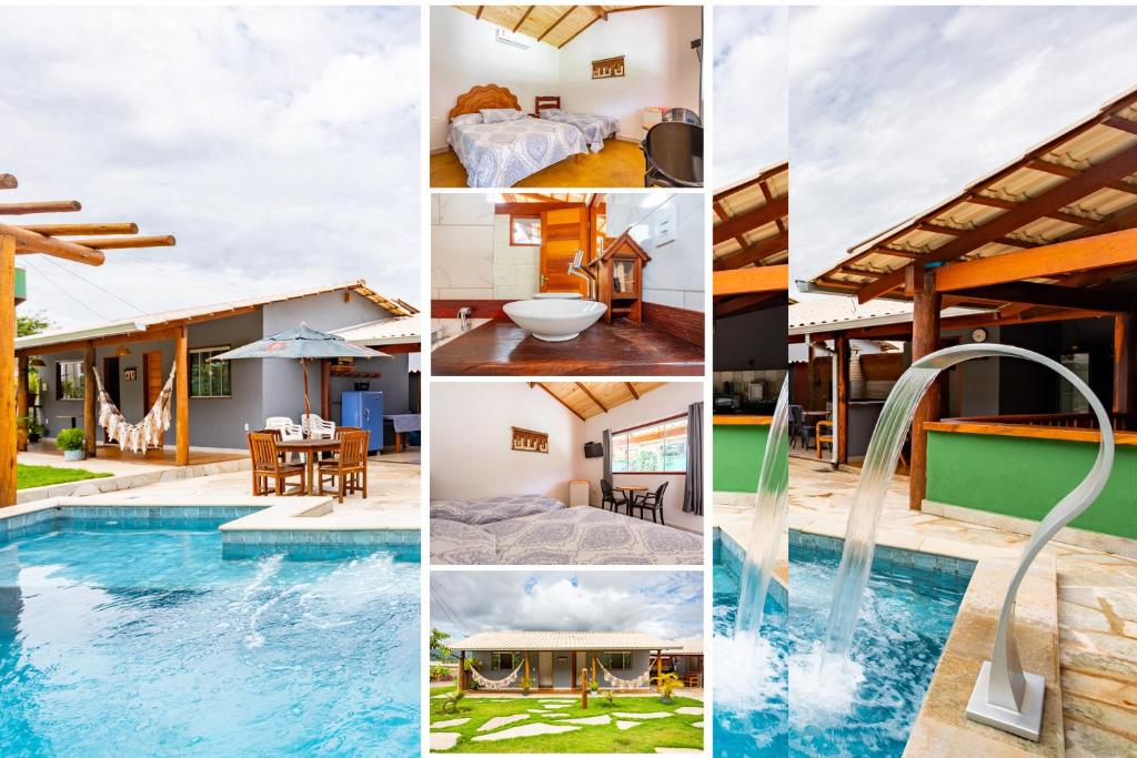 a collage of photos of a house and a pool at Espaço inteiro:piscina aquecimento solar,2 suítes in Pirenópolis