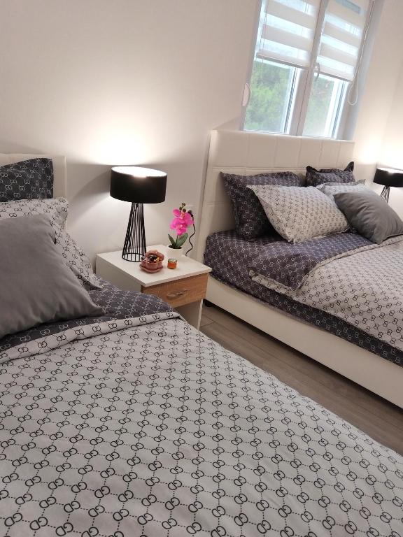 a bedroom with two beds and a window at Apartments Honey House in Trebinje