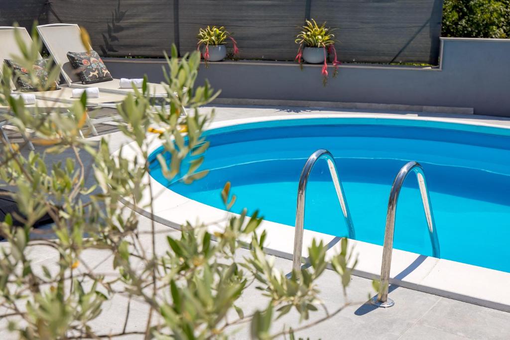 una piscina blu con piante in un cortile di Vila Lux 2 a Fiume (Rijeka)