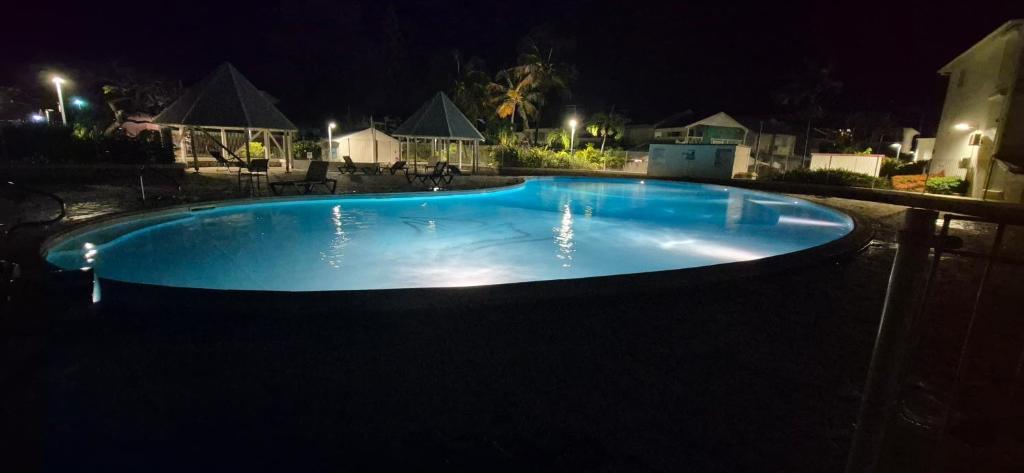 Una gran piscina azul por la noche en Appartement F2 Vue Piscine, en Saint-François