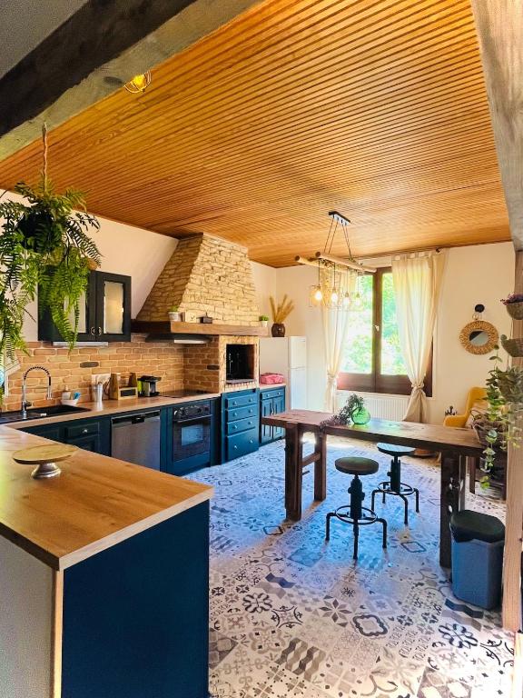 Il comprend une cuisine avec des placards bleus et un plafond en bois. dans l'établissement Maison de vacances familiale, à Quillan