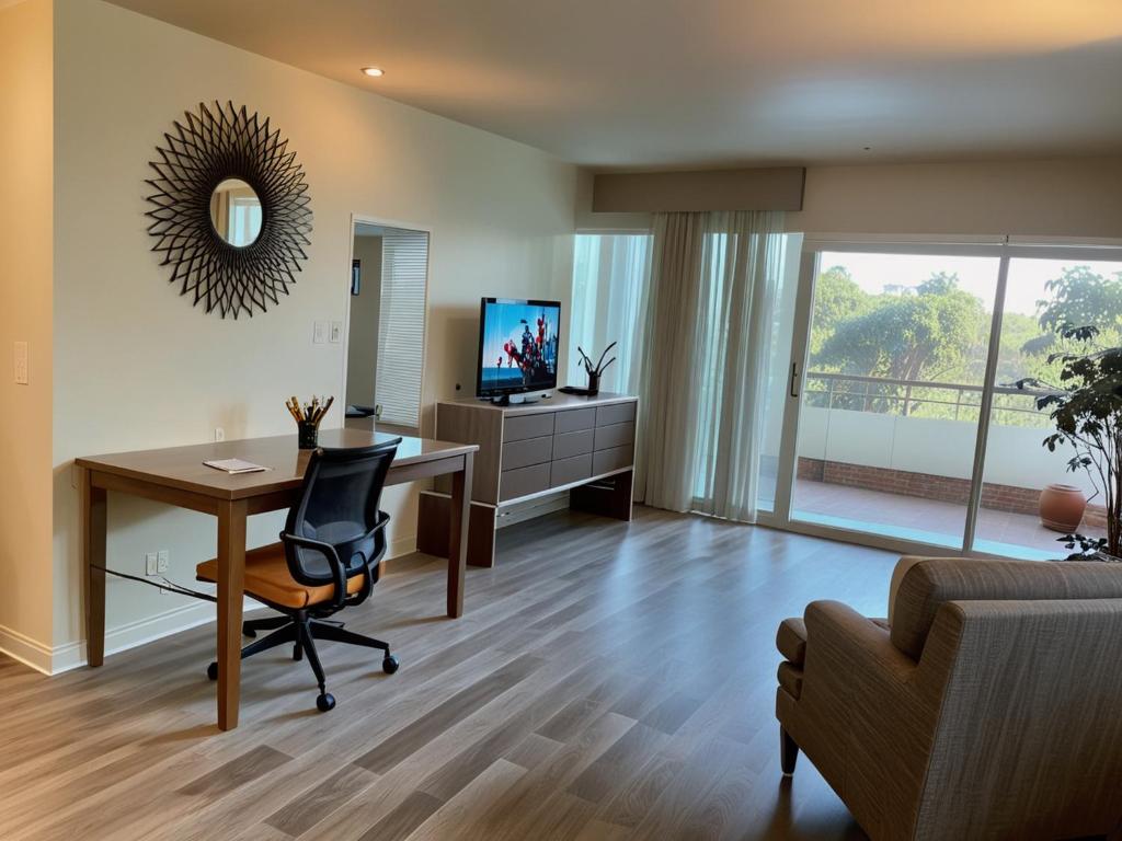 a living room with a desk and a chair and a television at Santa Monica Executive Suites in Los Angeles