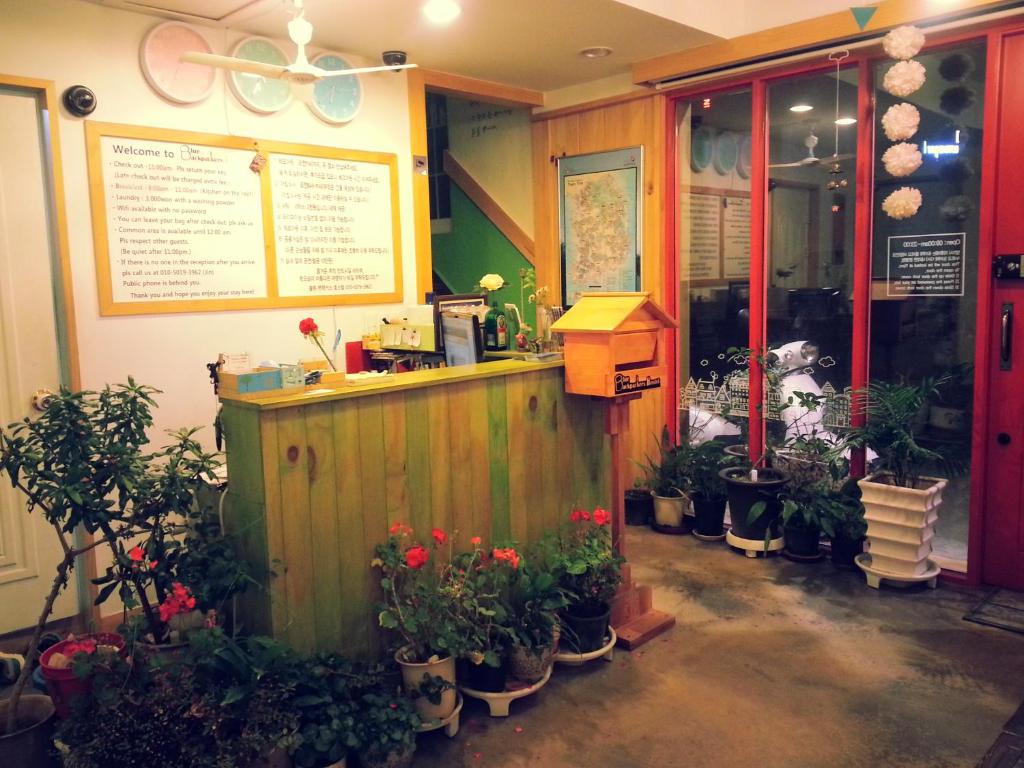 Blue Backpackers Hostel في بوسان: محل لبيع الزهور مع نباتات الفخار ومكتب