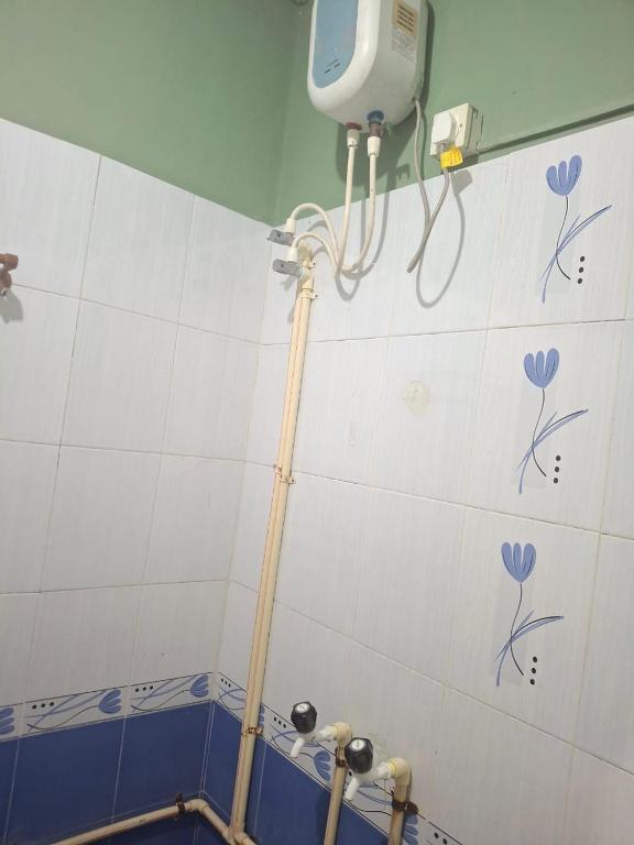 a shower in a bathroom with blue flowers on the wall at Budget Friendly Rooms in Coorg in Jāmb