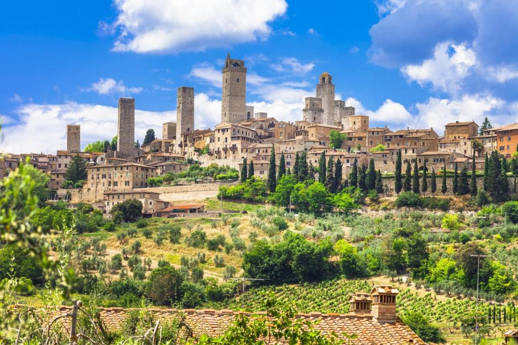 Výhľad na mesto San Gimignano alebo výhľad na mesto priamo z dovolenkového domu