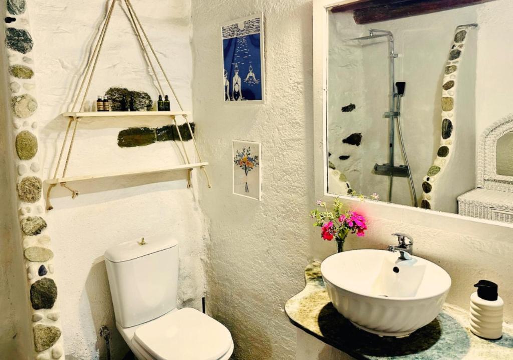 a bathroom with a white toilet and a sink at Kotseli - Sea View, Pool, Sunsets in Andros
