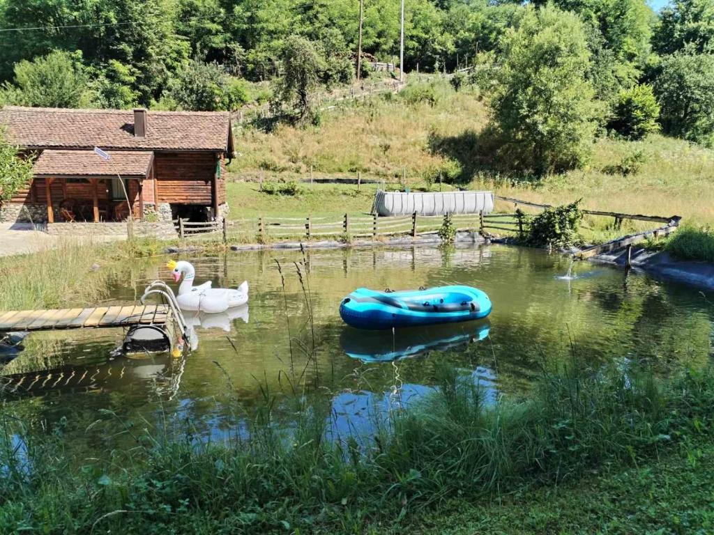 a pond with two inflatable boats in the water at Vajat Tuk in Bajina Bašta