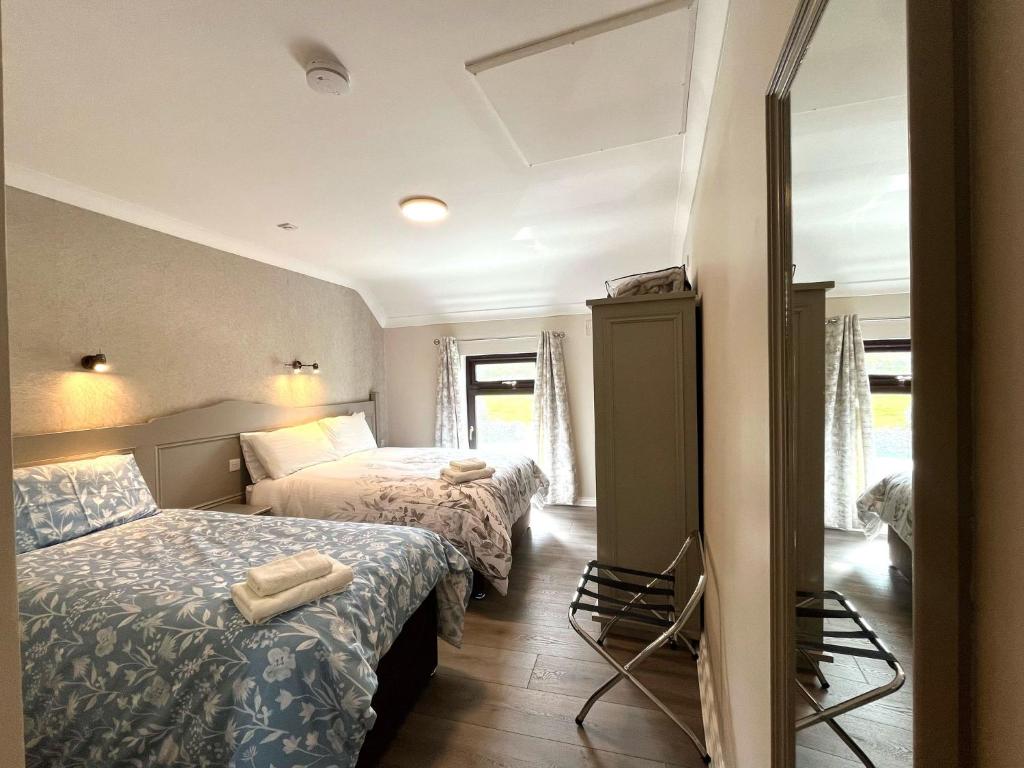 a bedroom with two beds and a mirror at Tigh Fitz Apartments - Inis Mór, Aran Island in Inis Mor
