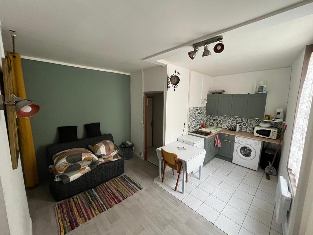 un salon avec un canapé et une cuisine dans l'établissement Jolie studio meublé tout équipé, à Châlons-en-Champagne