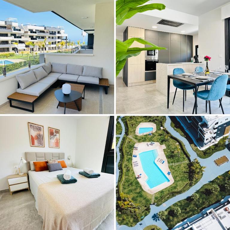 eine Collage aus Fotos eines Wohnzimmers und einer Villa in der Unterkunft Beleef Spanje new luxury apartment with sea view in Orihuela