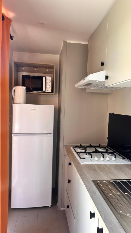a kitchen with a white refrigerator and a stove at Camping Villa Park Zambujeira do Mar in Zambujeira do Mar