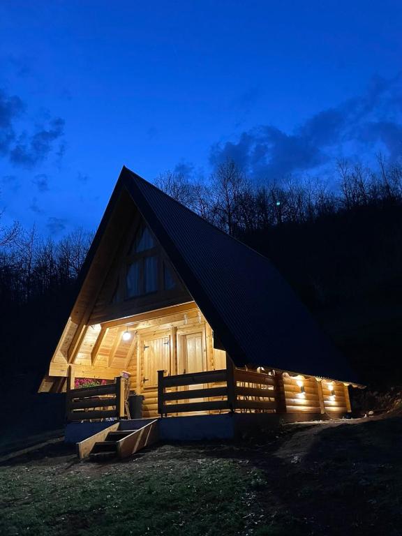 a wooden cabin with a black roof at night at Vista Verde in Žabljak