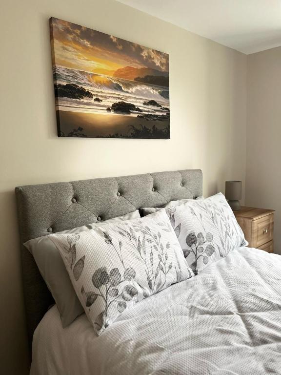 a bed with two pillows and a painting above it at Tigh Fitz Apartments - Inis Mór, Aran Island in Inis Mor