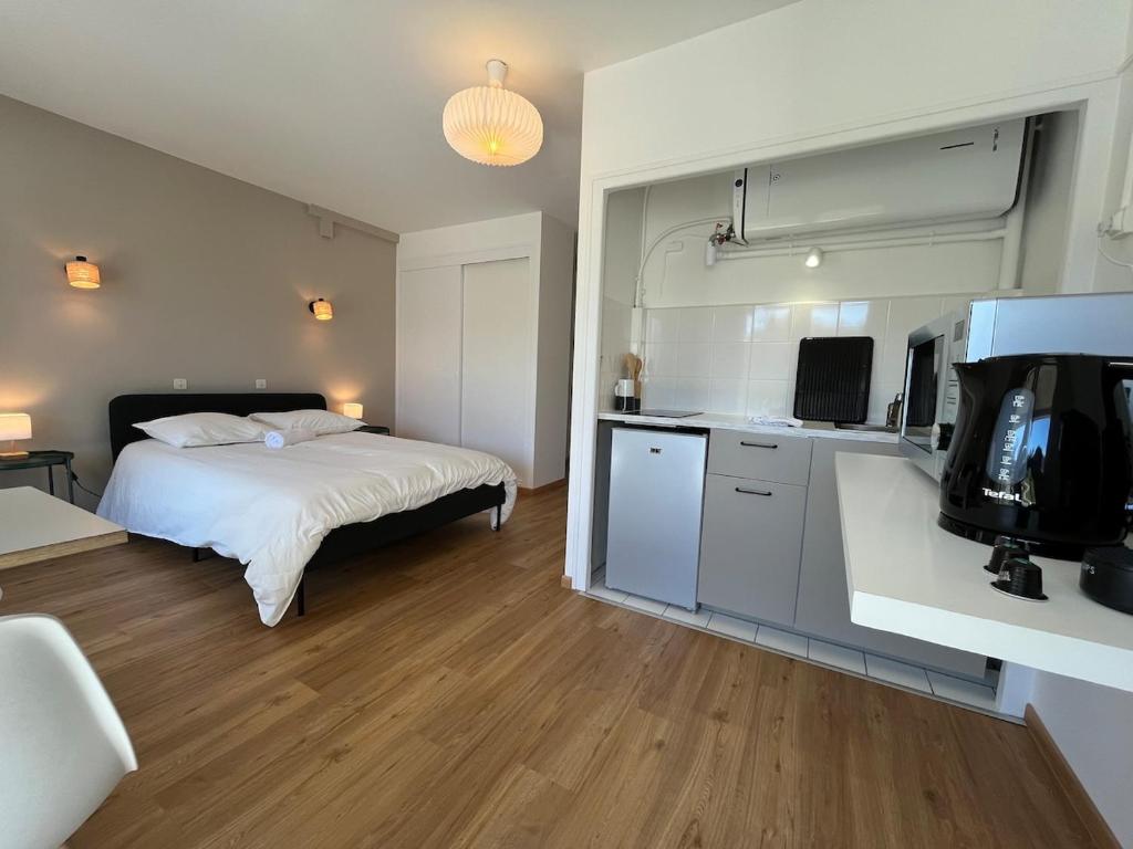 Cet appartement comprend une chambre avec un lit et une cuisine avec une télévision. dans l'établissement Bienvenue à L'Oustalet Studio 1, à Cazaubon