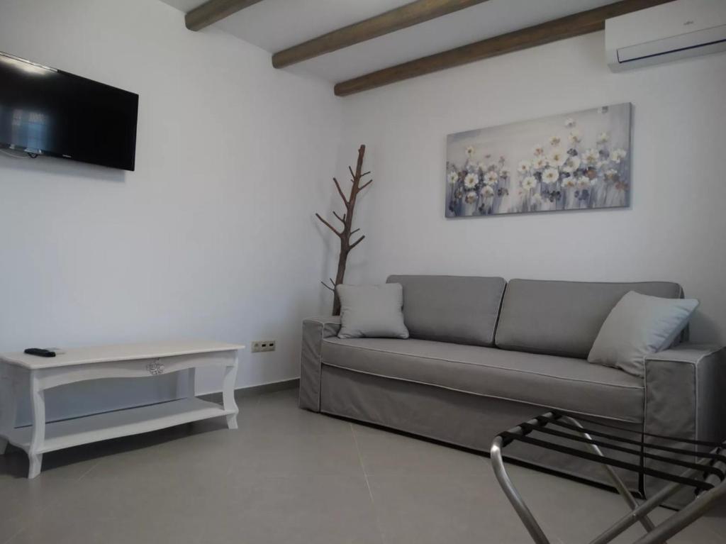 a living room with a couch and a tv at Skopelitis Village in Katapola