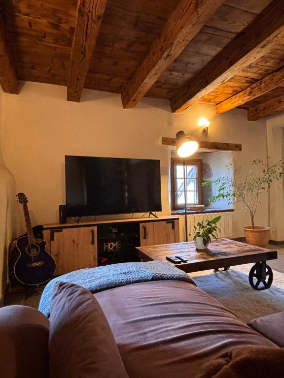 un salon avec une télévision à écran plat et un canapé dans l'établissement Le Médiéval dernier étage dans le centre historique, à La Roche-sur-Foron