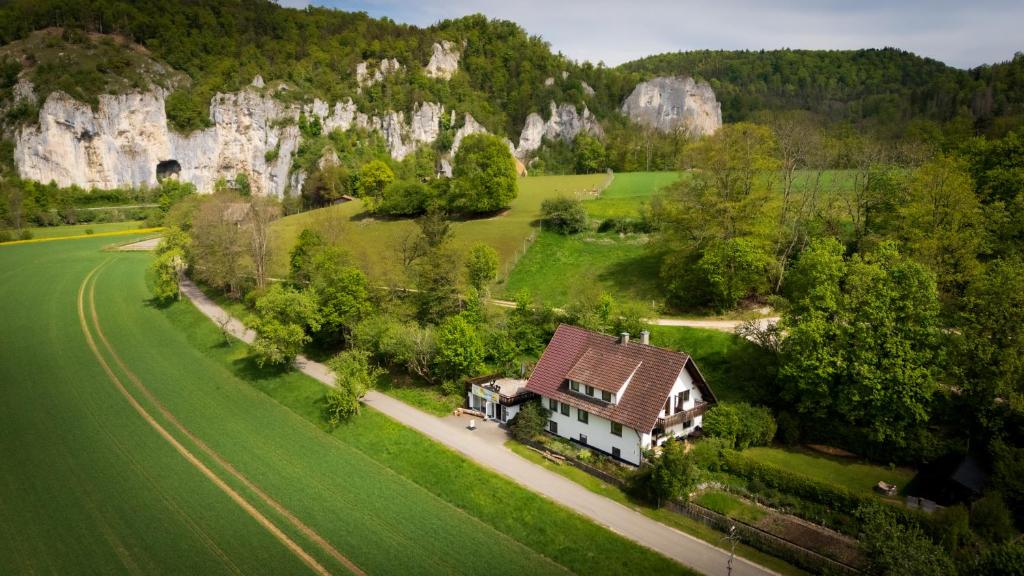 a house in a field next to a road at Kleiner Urlaub in Beuron