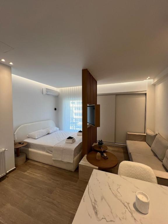 ein großes Schlafzimmer mit einem Bett und einer Couch in der Unterkunft Luxury Apartment in Athens in Athen