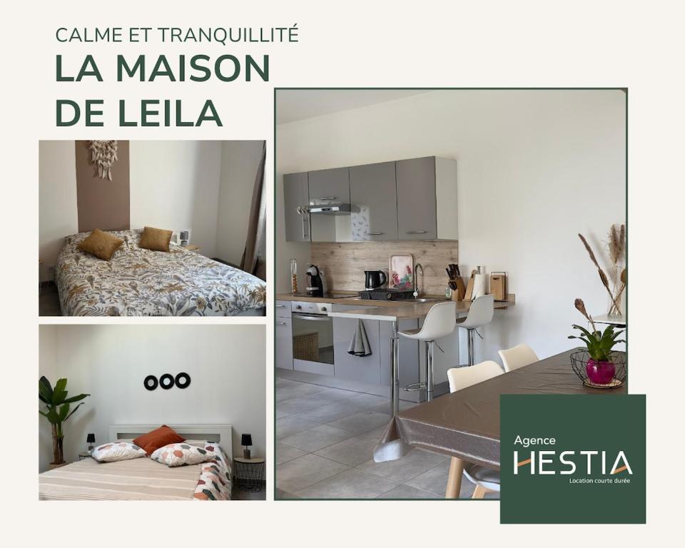 un collage de trois photos d'une cuisine et d'une chambre dans l'établissement Maison 4 pers - Jardin et calme, à Arles