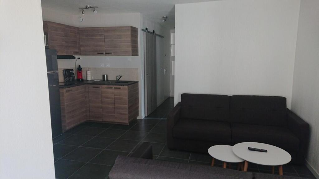 un salon avec un canapé noir et une table dans l'établissement Centre Port Cap d 'agde, au Cap d'Agde