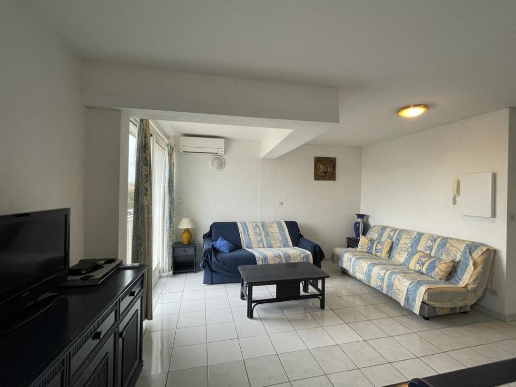 un salon avec un canapé et une télévision dans l'établissement Appartement Natura Beach NB112 - 4 personnes, au Cap d'Agde