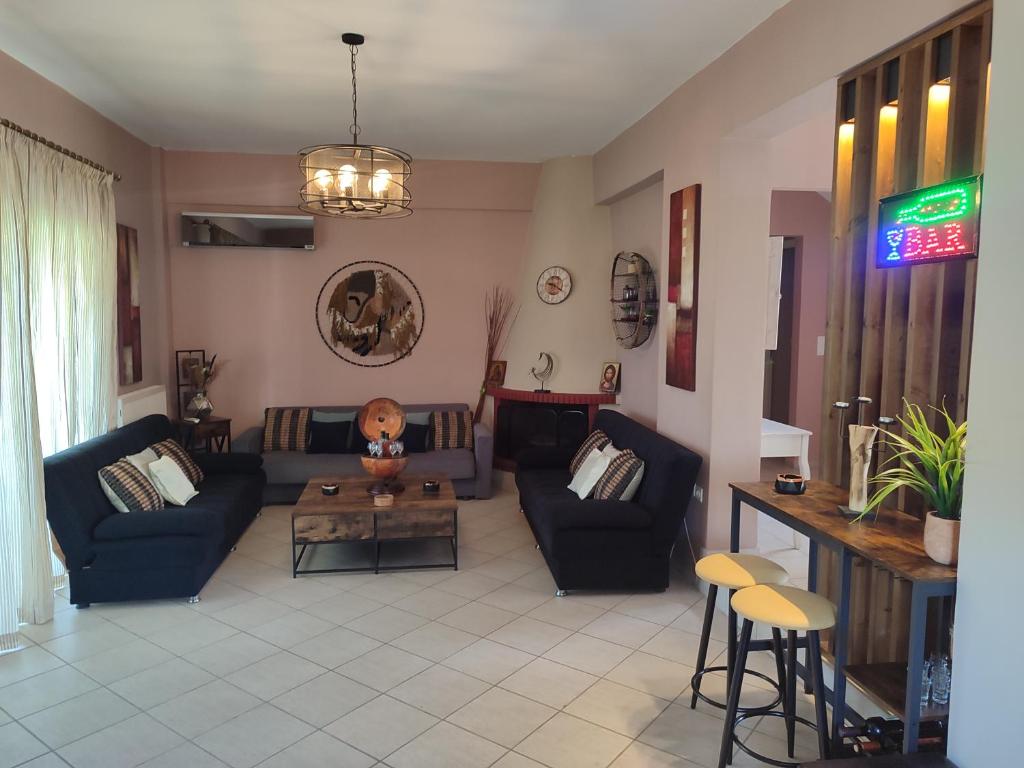 A seating area at George's family friendly maisonette with great exterior