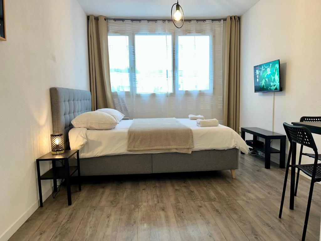 une chambre avec un grand lit avec une fenêtre dans l'établissement Studio Grenoble Gare GEM PLACE PARKING GRATUIT, à Grenoble