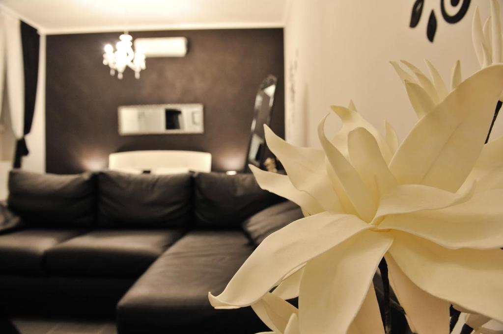 una sala de estar con un sofá negro y una flor en Luxury studio, en Zadar