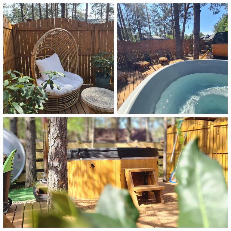 a collage of pictures of a backyard with a hot tub at Leśne Dziady Borsk in Borsk