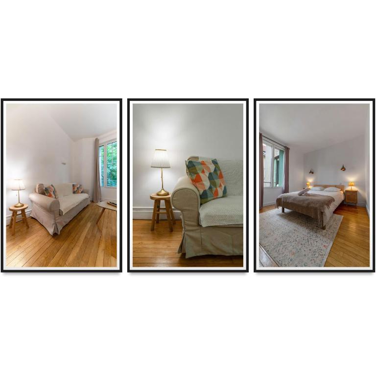 quatre photos d'un salon avec un canapé et une chaise dans l'établissement Le Thermale 2 - Appartement design, quartier Thermal, à Vichy