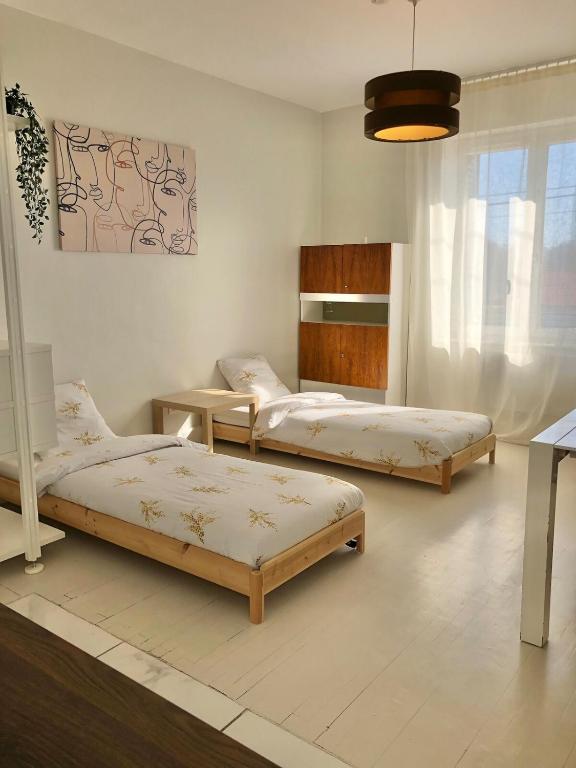 a room with three beds and a pendant light at Fleur de coton - 7 lits in Clermont-Ferrand
