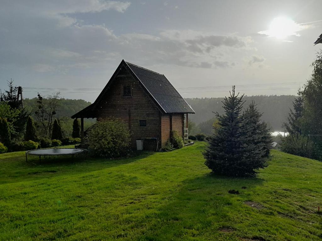 a house on a hill with a christmas tree in a field at Agroturystyka u Krystyny in Rybczewice