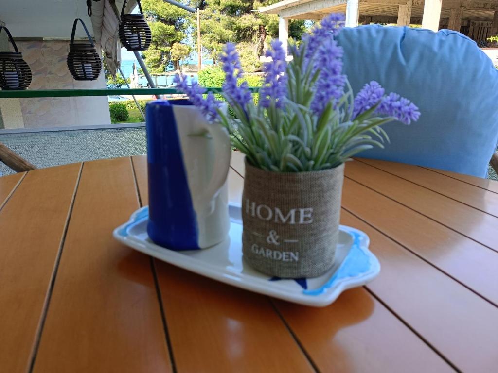 a vase of purple flowers sitting on a table at Four Reasons Apts Kamena Vourla in Kamena Vourla