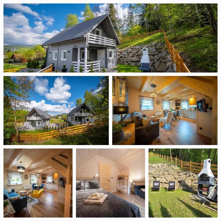 a collage of four pictures of a house at Domki u Sosny - Nowoczesne domki na wyłączność, spokojna okolica blisko lasu i szlaku, 1,2 km od centrum Brennej in Brenna