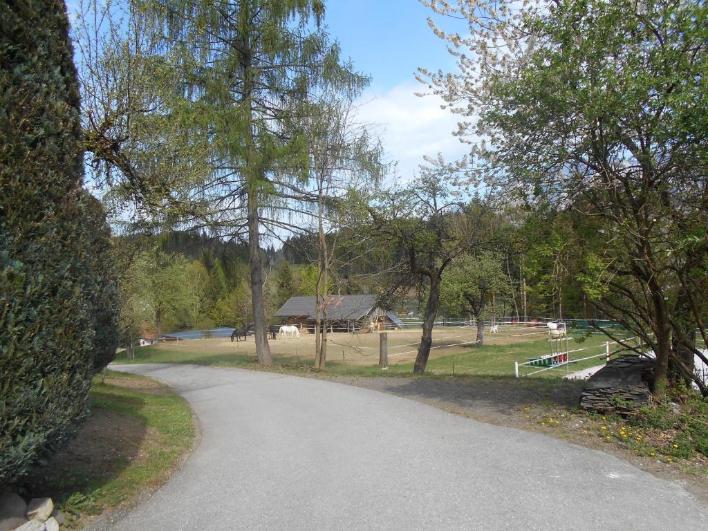uma estrada sinuosa num parque com árvores em Haus Maria em Arnoldstein
