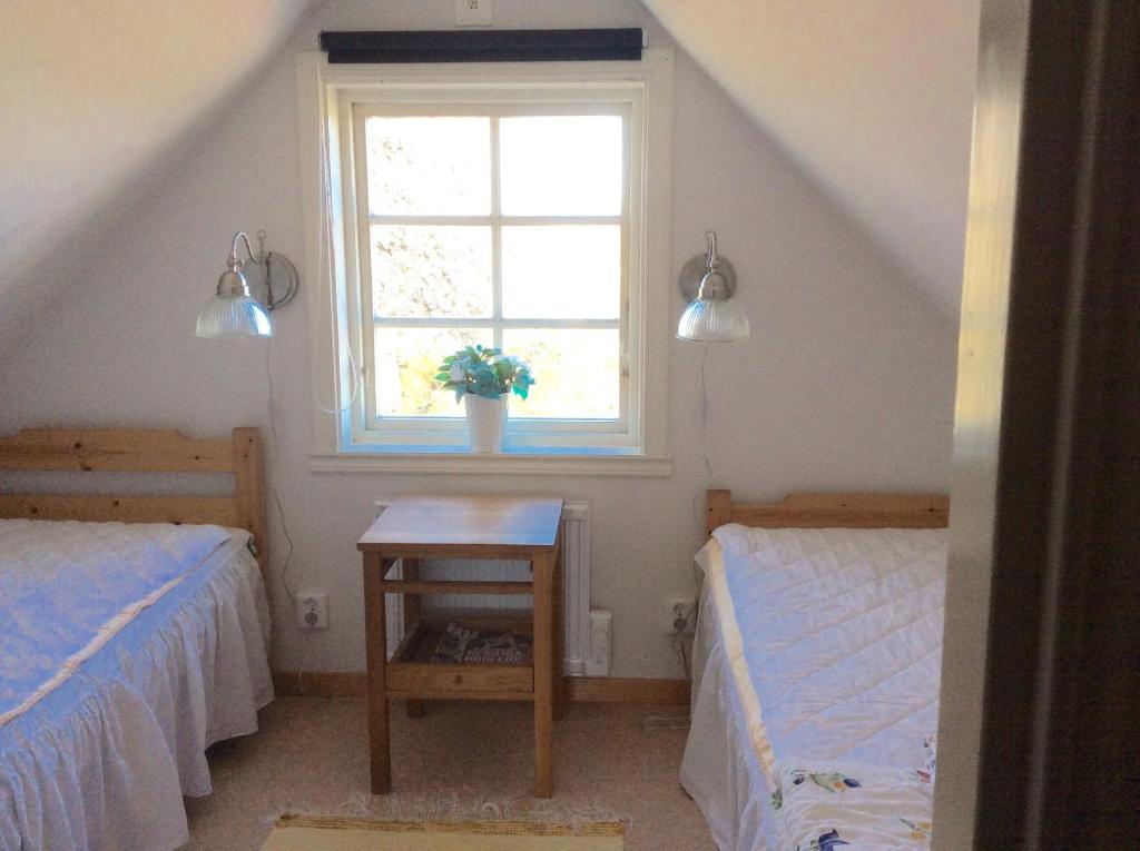 um quarto com 2 camas, uma janela e uma mesa em Farbror Alfreds Stuga Sjöutsikt em Köpingsvik