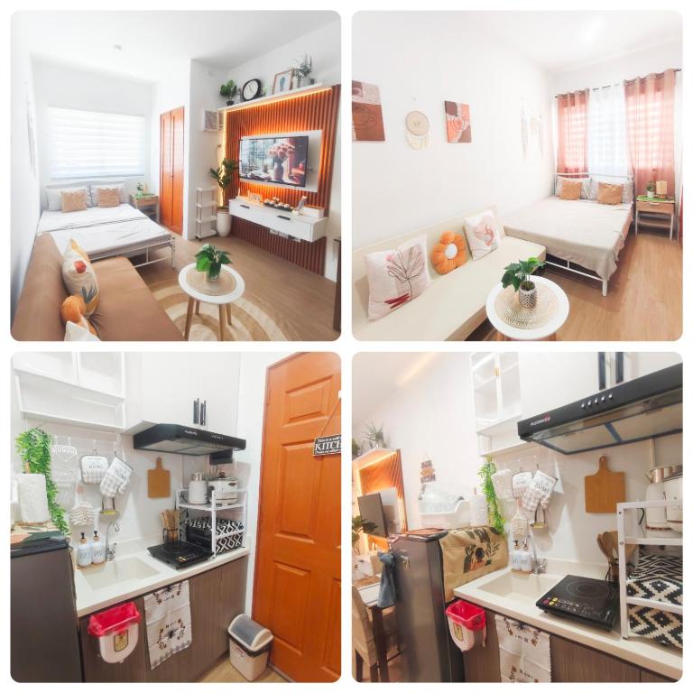four pictures of a kitchen and a living room at Janna's Condo in Mactan in Lapu Lapu City