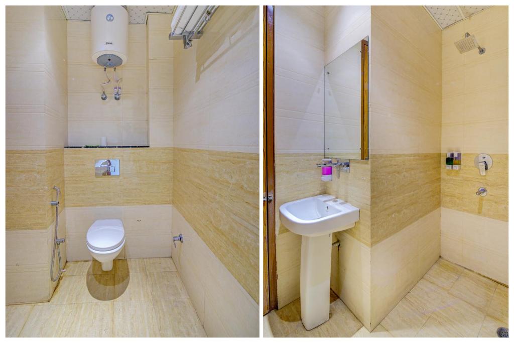2 immagini di un bagno con servizi igienici e lavandino di Smart Lax Hotel By SMART GROUP a Nuova Delhi