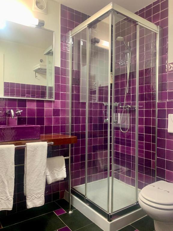 a purple tiled bathroom with a shower and a toilet at Hostal Casa Alborada in Conil de la Frontera