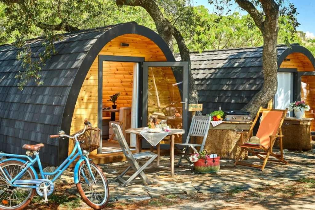 un vélo bleu garé devant une cabine dans l'établissement Chalet 4 étoiles - efaabh, à Roquebrune-sur Argens