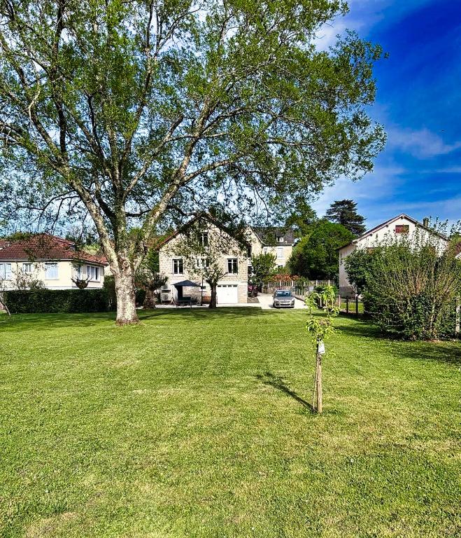 un arbre au milieu d'une cour avec une maison dans l'établissement Grand Jardin Maison Spacieuse Idéale pour Famille, à Larche
