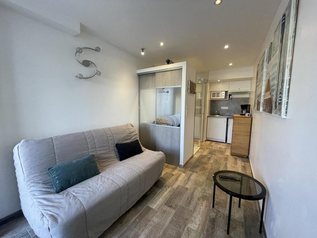 un salon avec un canapé et une table dans l'établissement Studio Port Nature PN70 - 2 personnes, au Cap d'Agde