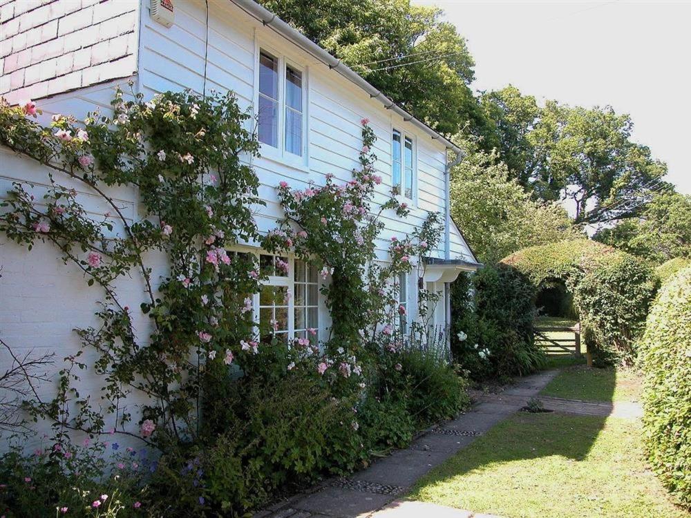 une maison blanche avec des fleurs sur le côté dans l'établissement Gun Hill Cottage, à Horam