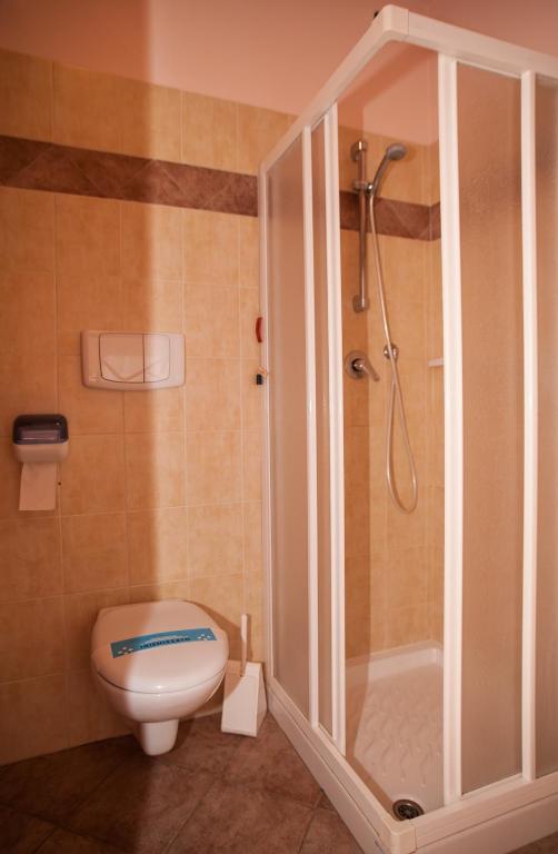 a bathroom with a shower and a toilet at Hotel Vittoria in Riva del Garda