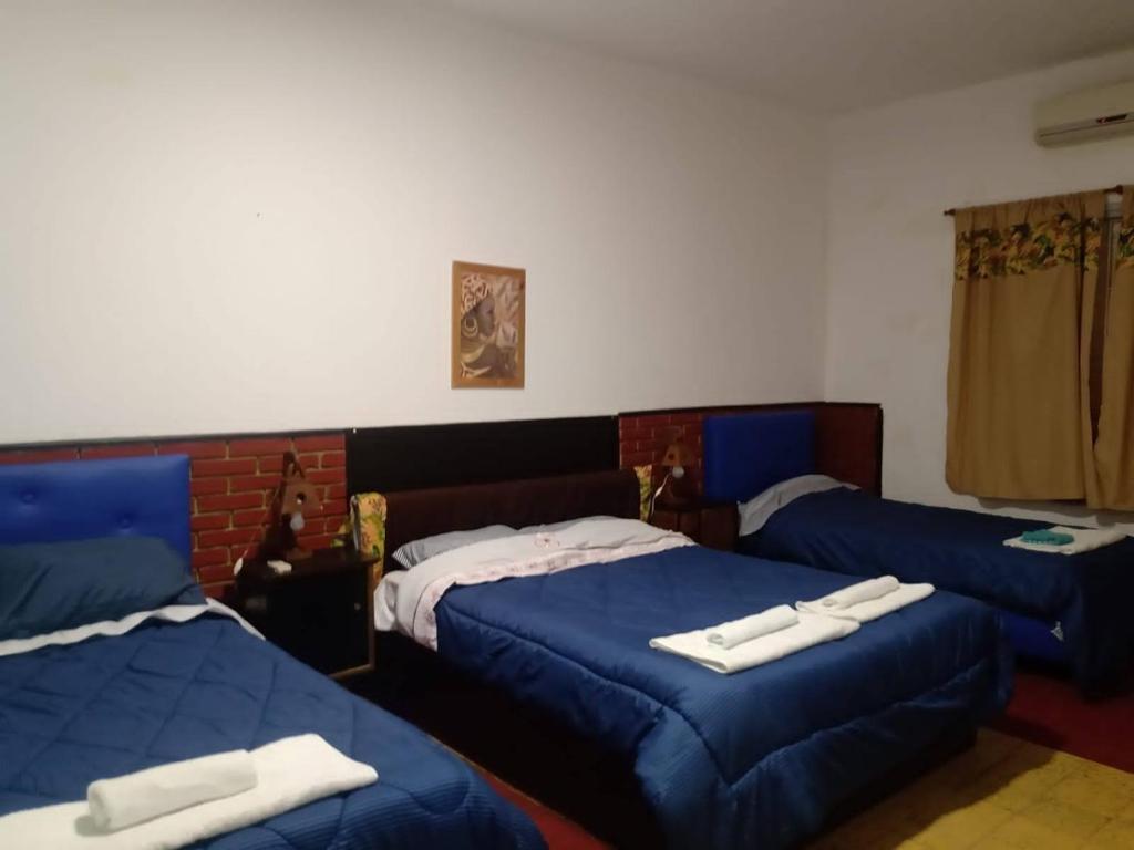 three beds in a room with blue sheets at Posada ALAS FUENTES in San Fernando del Valle de Catamarca