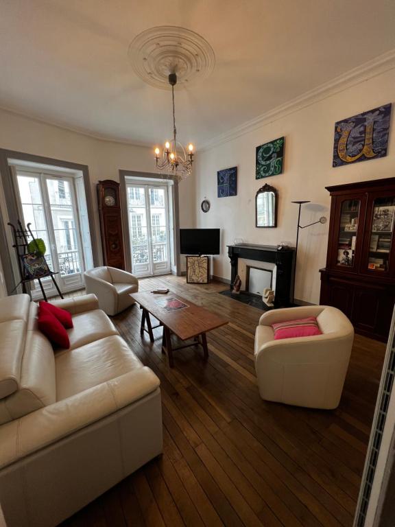 un salon avec deux canapés et une cheminée dans l'établissement Appartement Lafayette, au cœur du quartier Decré, à Nantes